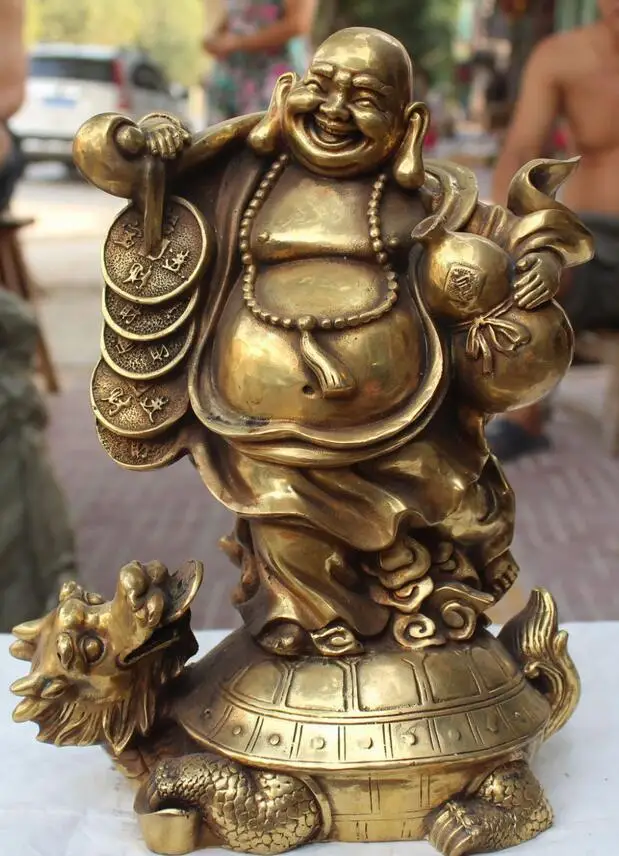

wang6710910++8" Chinese Bronze FengShui Wealth Happy Maitreya Buddha On Dragon Turtle Statue