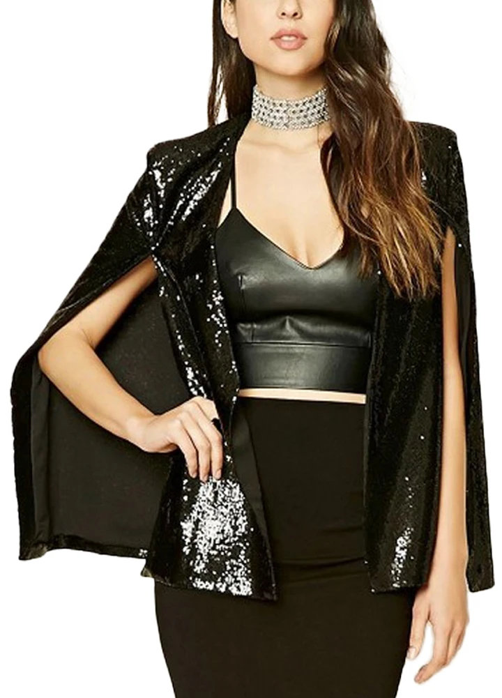 

Women Sequins Blazer Jackets Cape Cloak Open Front Split Poncho Cardigan Jacket Coat female Casual Sequin Tops Outwear 2019 HOT