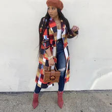 Многоцветное двубортное длинное пальто в клетку с водопадом, элегантная верхняя одежда до колена с карманами, женские осенние тренчи