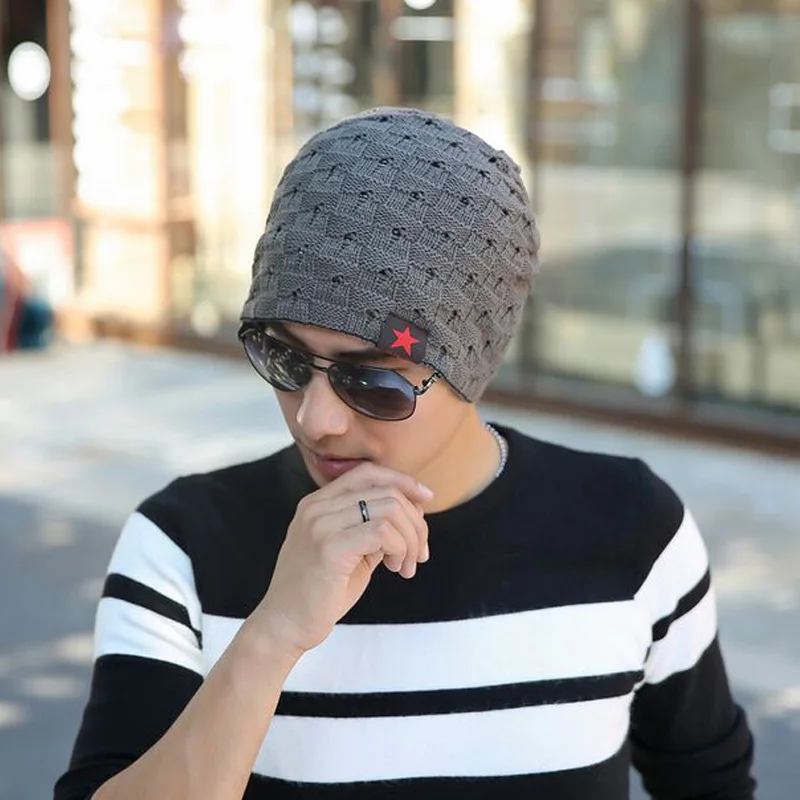 

2017 New Reversible Beanies Hat for Men Women Fashion Star Touca Gorros Caps Autumn Winter Solid Hollow Knitted Headwear