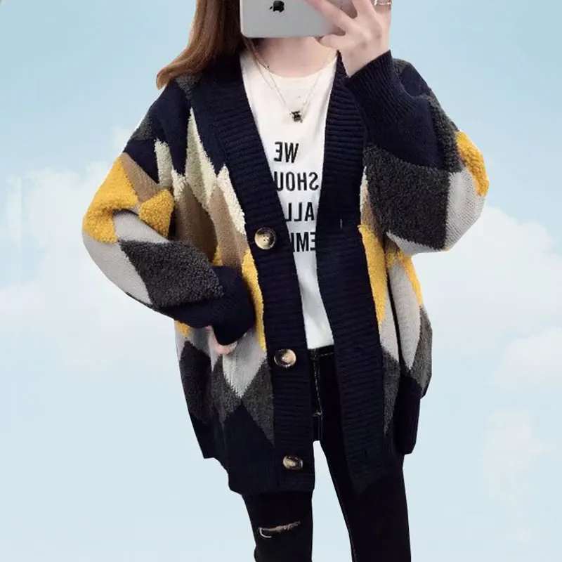 

2019 New Spring Autumn Medium Long Sweater Women Cardigan Korean Version Feminine Loose Rhombus Knitwear Female Coat SS55