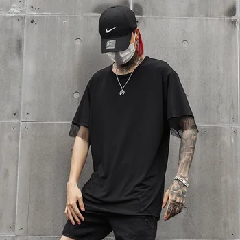 

Stage Show Clothing Men Short Sleeve Mesh Spliced T Shirt Male Streetwear Hip Hop Punk Gothic Casual Fashion Tshirt Tees Shirts