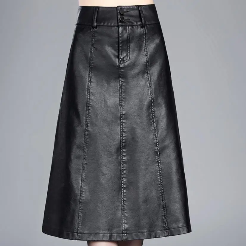 Long Skirts Womens Hight Waist Maxi Skirt PU Leather Swing Skirt Black ...