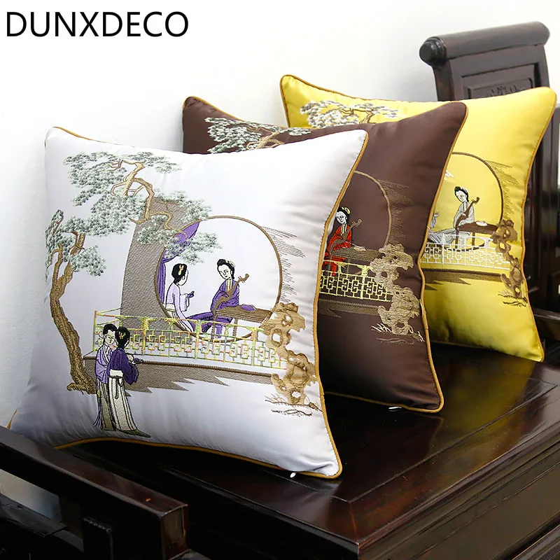 

DUNXDECO Cushion Cover Decorative Pillow Case Vintage ClasSical Chinese Style Elegant Artistic Portrait Of Ladies Embroidery