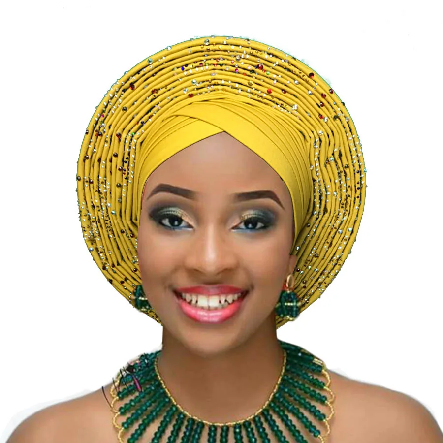 Billige Afrikanische headtie nigerian headtie mit perlen steine auto gele afrikanischen gele frauen headwrap diamant turban für hochzeit party