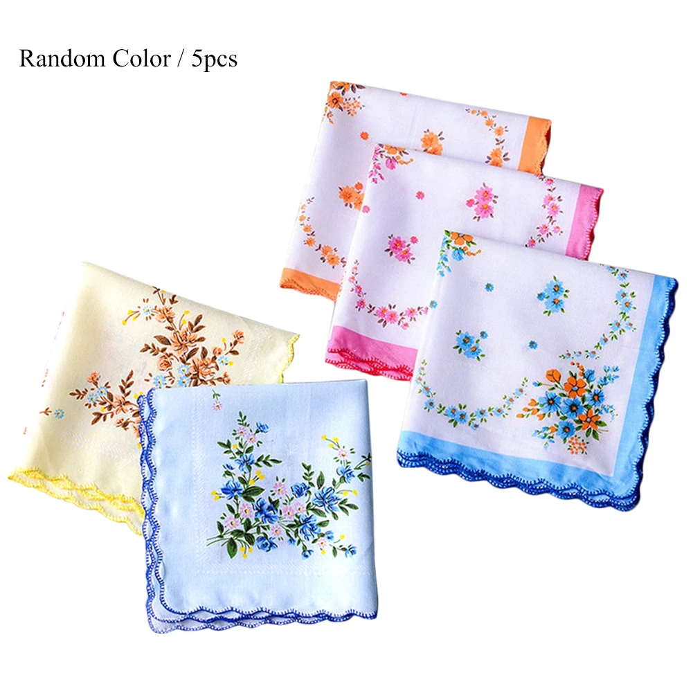 

5Pcs Ladies Handkerchief Vintage Floral Embroidered Cotton Handkerchief Napkin Random Color Blue Yellow Red Ladies Handkerchief