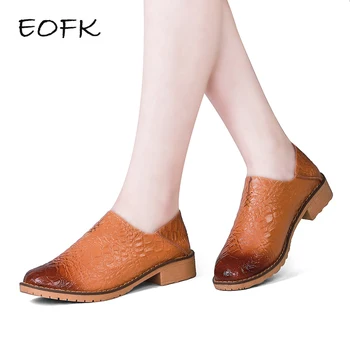 

EOFK 2019New Design Fashion Womens Leather Shoes For Women Slip On Gradient Brown Shoes Woman Crocodile pattern Loafers
