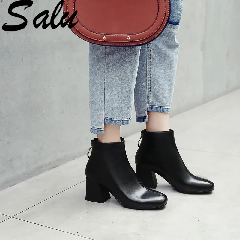 

Salu 2019 Ankle Boots Women Autumn Winter High Heels Shoes Woman Round Toe Elegant Genuine Leather Ladies Boots