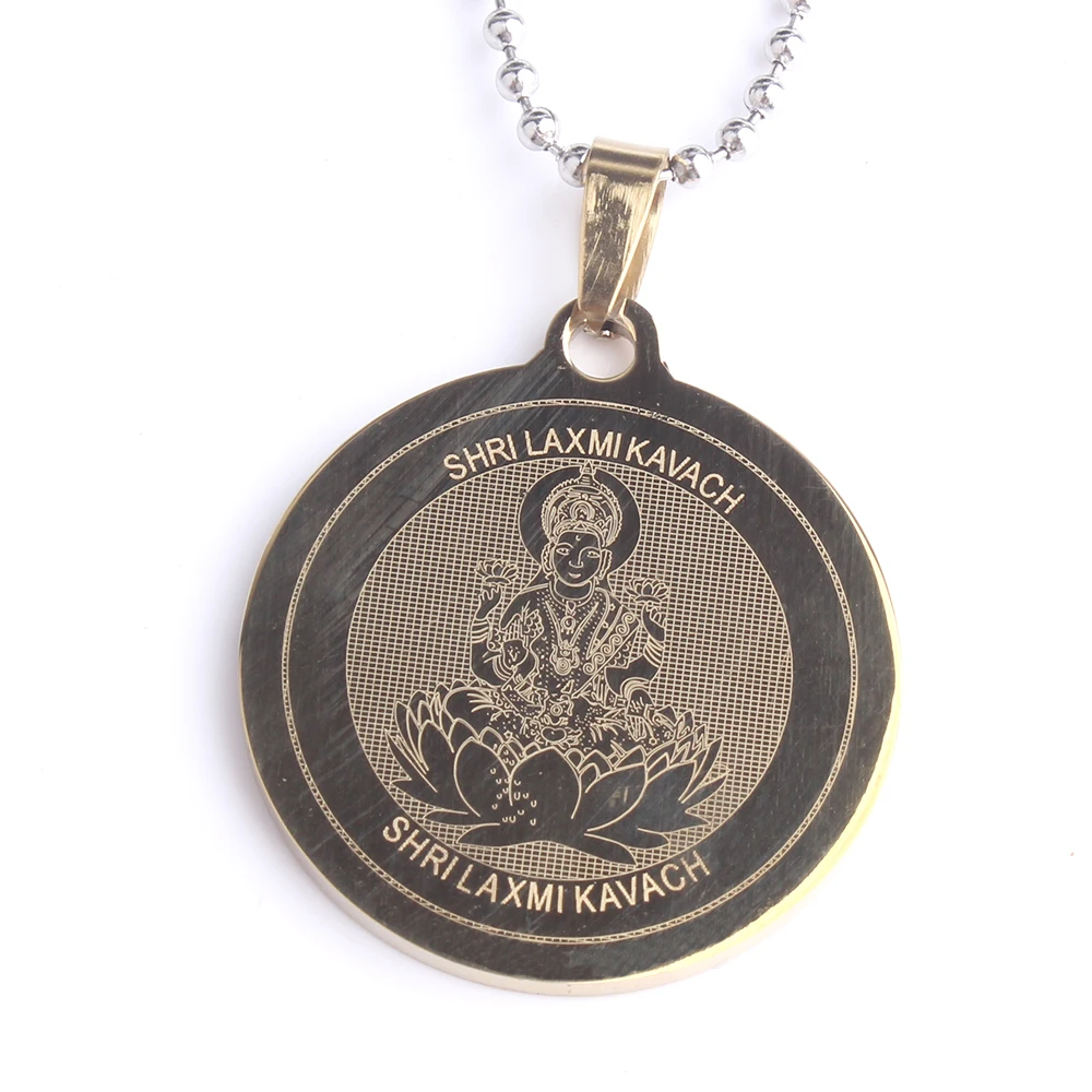 

free shipping shri laxmi kavach Round tag pendant necklaces bead chain for men women 316L Stainless Steel wholesale