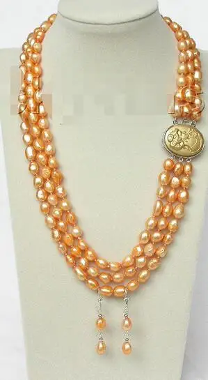 

Free Shipping >>>>>20" 3row 12mm baroque golden pearls necklace dangle Earring seashell clasp j8486