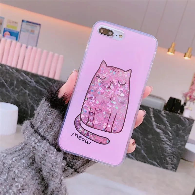

ZRICKIE Cute Cat Printed Quicksand Case for iPhone 6S Shiny Dynamic Flowing Glitter Hard PC Cover for iPhone 6 7 8 Plus X Coque