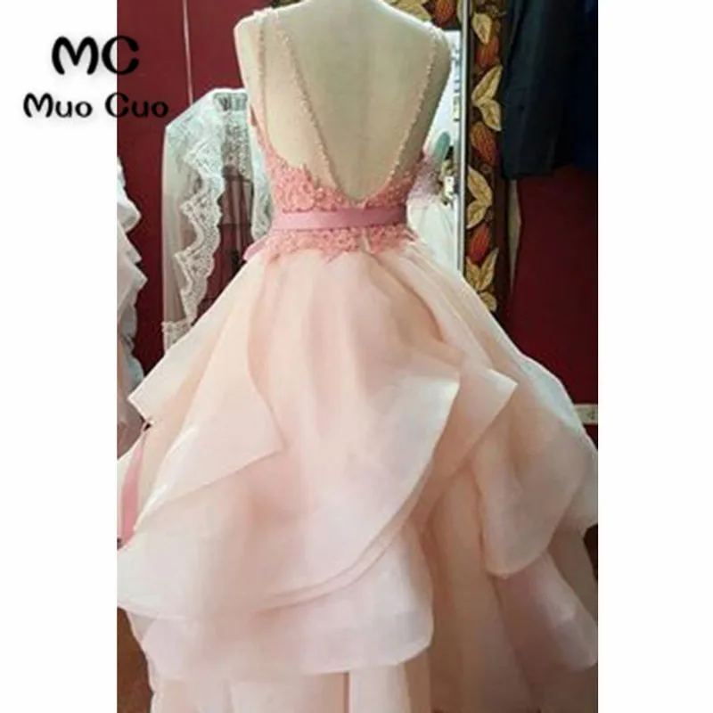 Peach pink organza lace top layers open back long ball gown dress, prom dresses4