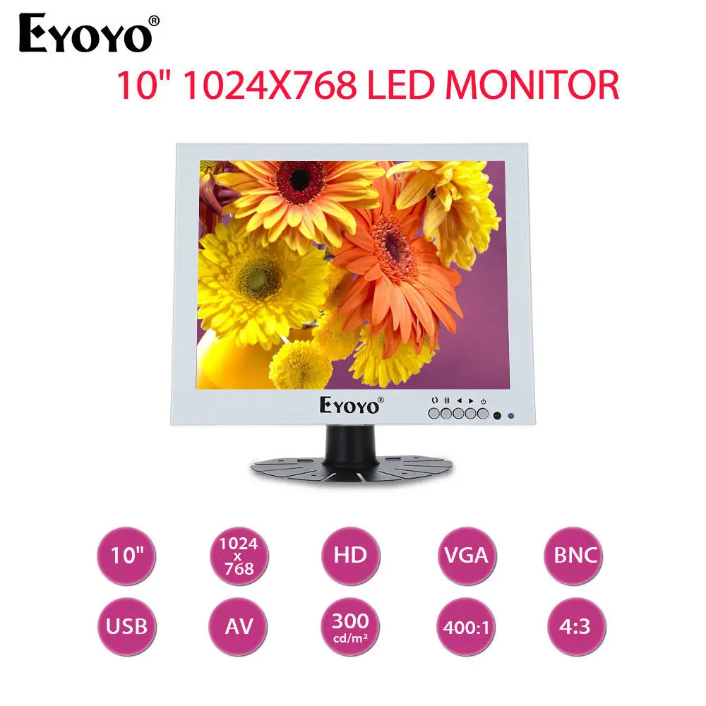 

EYOYO 10" 1024X768 LED Monitor With BNC VGA AV Video Audio Input Built-in Dual Loudspeakers 300cd/m2 White For CCTV DVD DVR PC
