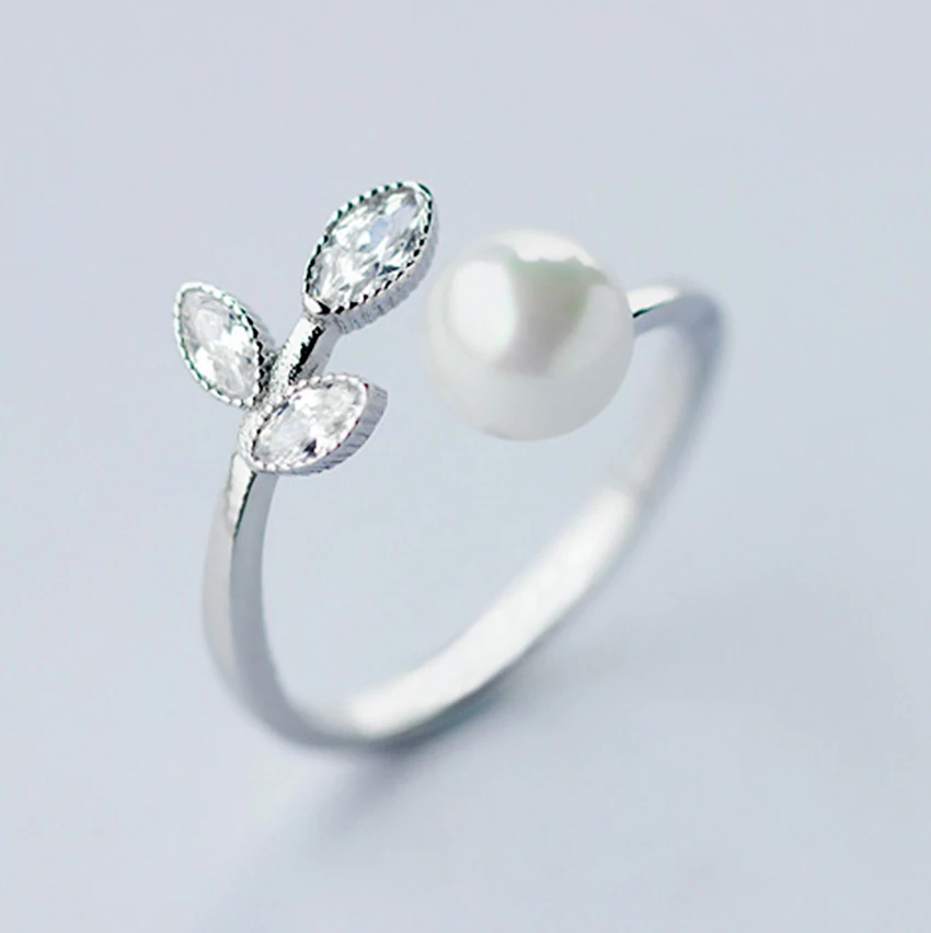 QIMING Real Pure 925 Sterling Silver Peal Leaf Wedding Rings for Women Crystal Ring Fashion Vintage Sterling Silver Jewelry