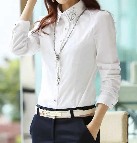 

Free Shipping High Quality New Arrival Plus Size Korean OL Rhinestone Decorated Turn-down Collar Long Sleeve Woman Blouse White
