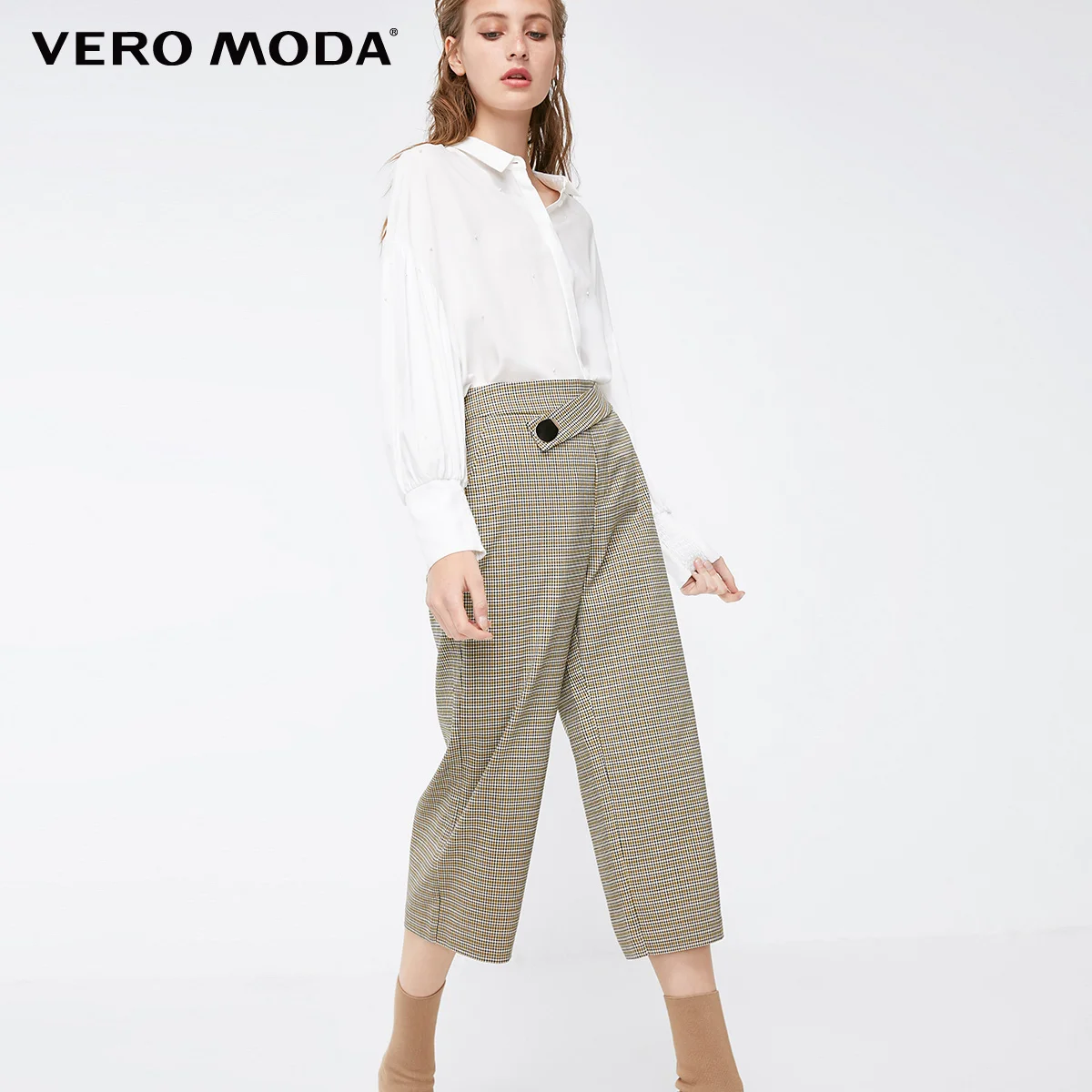 Vero Moda новые женские широкие брюки-Капри в клетку с узором «гусиная лапка» | 31836J514 - Цвет: Lemon curry