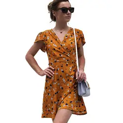 Летнее платье 2018 Новые цветочные v-образным вырезом короткий рукав пляжное платье Для женщин мода плюс Размеры Повседневное