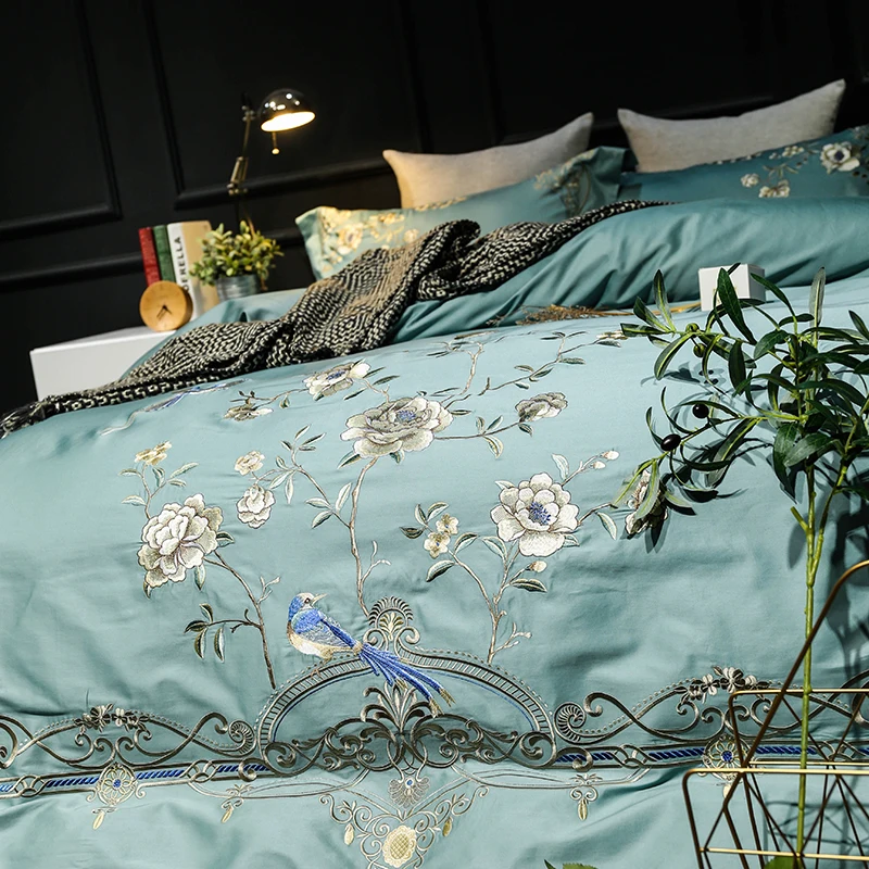 Роскошный изысканный цветок вышивка 60S Египетский хлопок Постельное белье queen King Размеры пододеяльник постельное белье простыня, наволочки для подушек