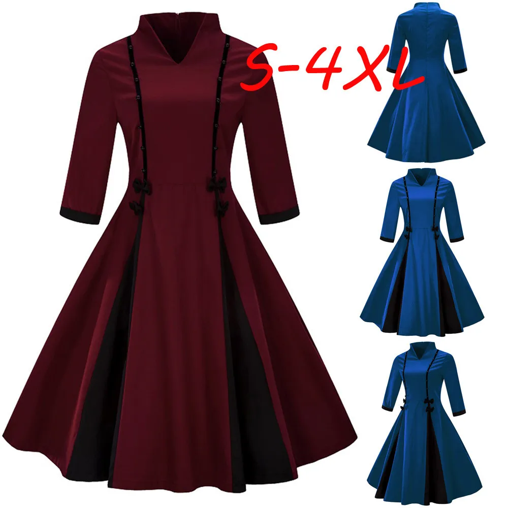 SAGACE Fashion Women Plus Size Half Sleeve Vintage Dress Solid Bow Retro Flare Dress Solid Mandarin Collar party Dress July 17