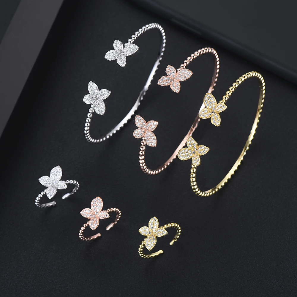 GODKI Luxury 3 Tone Flower Bangle Ring Sets Fashion Dubai Silver Bridal Jewelry Sets For Women Wedding brincos para as mulheres