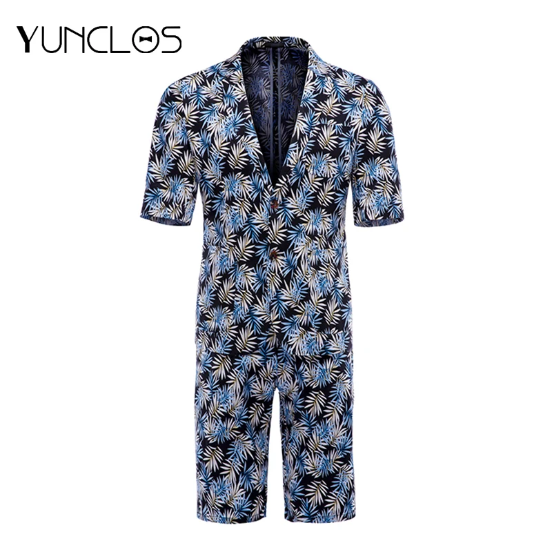 

YUNCLOS New Arrival Short Sleeve Men Suits Summer Slim Fit Suits Men's Holiday Wears Palm leaf Printed Suit Blazers and Shorts