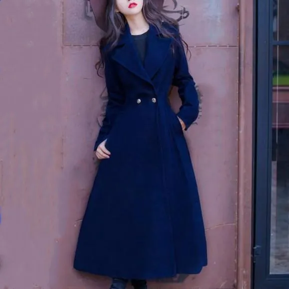 

2019 vintage Winter Coat fashion Women Lady elegant laple Overcoat Wool Blends warm x-long slim coat