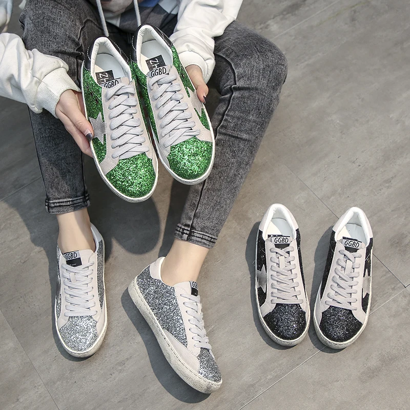 Vieux Vert Argent Cuir Femmes Sale Étoiles Sneakers De 2018 Mélangée deWCrBox
