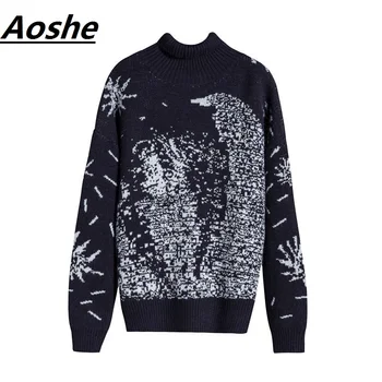 

Aoshe Turtleneck Sweater Women 2017 Winter Thick Runway Design Galaxy Moon Oversized Casual Wool Pullover Knit Jumper pull femme