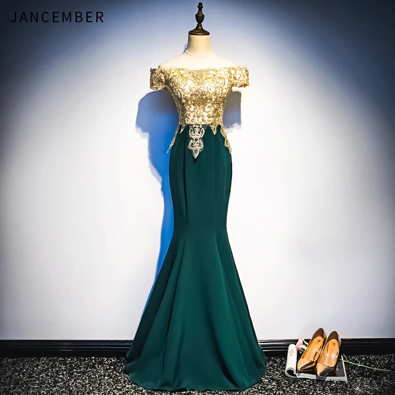 

JANCEMBER 2019 Summer New Mermaid Prom Dresses Boat Neck Off the Shoulder Short Sleeve Lace Up Back Crystal Applique robe de bal