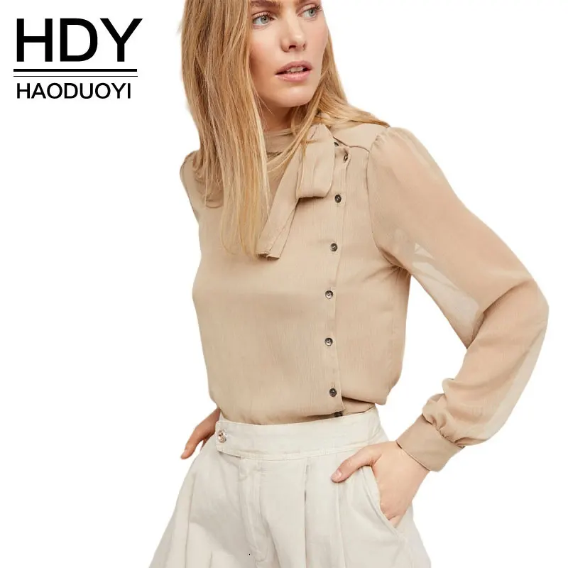 

HDY Women Sheer Blouses Chiffon Blouse Sexy Women Shirts Tops Casual Blouses Beige Chiffon Blouse 2019 Work Wear Office Blusas