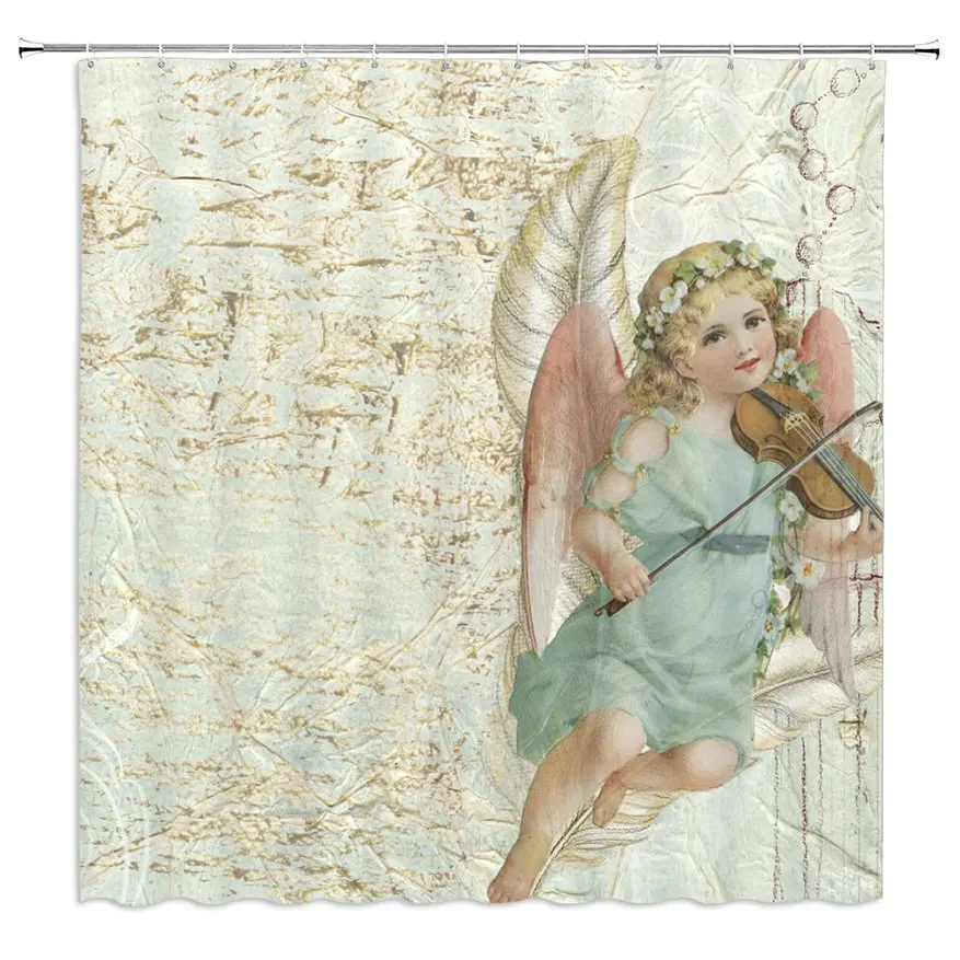 

Cartoon girl shower curtain cyan cute angel violin children bathroom decoration European and American style polyester fabric