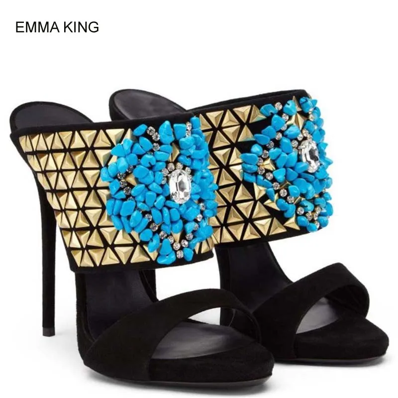 

EMMA KING Sapphire High Heels Slippers Women Round Toe Sandals Fashion Designer Shoes Bling Crystal Modern Mujer Party Shoes