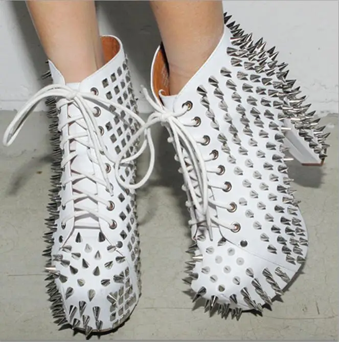 

Hot 2017 Women Sexy Rock Punk Style Fashion White Black Spikes 12 cm Heel Platform Lace Up Round Toe Ankle Boots Short Booties