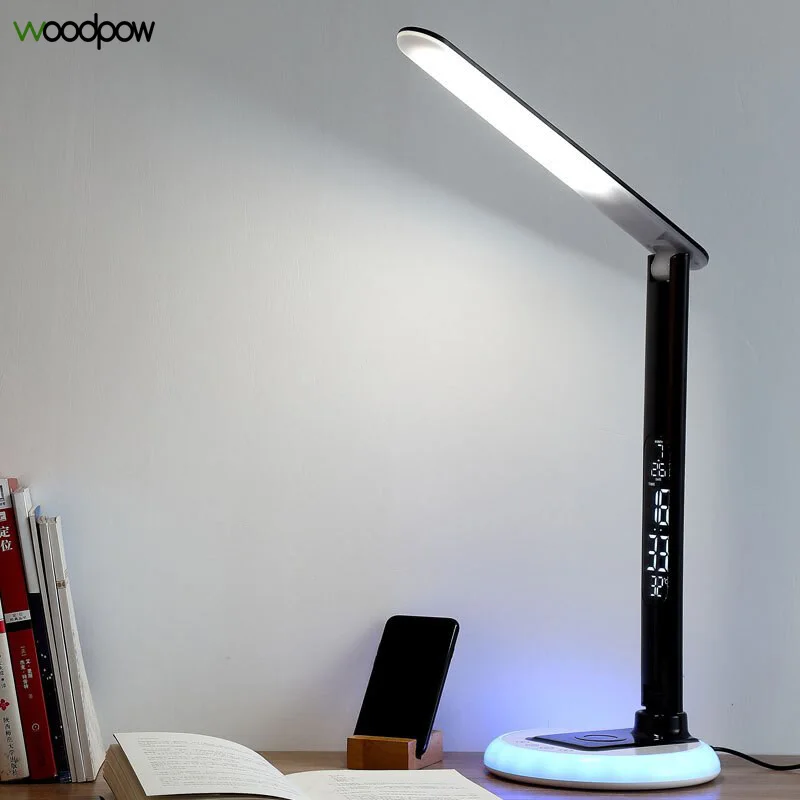 Woodpow LED Desk Lamp RGB Night Light Brightness Adjustable Touch Table Lamps with Calendar Alarm C