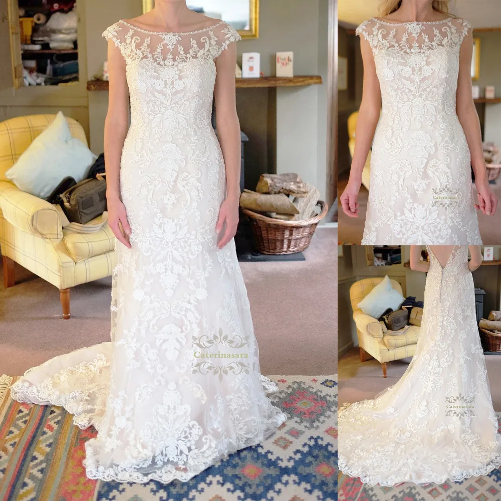 

Mermaid / Trumpet Wedding Dresses Scoop Neck Chapel Train Lace Bride Gowns Made-To-Measure with Beading / Appliques for Womens