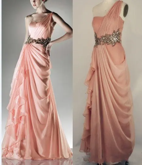 One Shoulder Pink Chiffon Evenning Dress Gold Black Sash Bridesmaid One Shoulder Pink Chiffon Evenning Dress Gold Black Sash Bridesmaid Ready Made Sample Bridal Prom