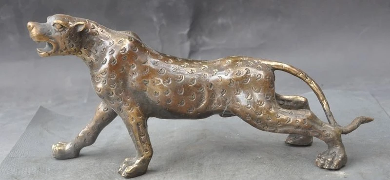 

11" China Bronze fengshui Wild animal Beast Leopard Panther Golden Jaguar Statue