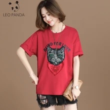 Летняя новая модная женская футболка размера плюс, короткий рукав, круглый вырез, блестки, принт котенка, футболка LJJ011