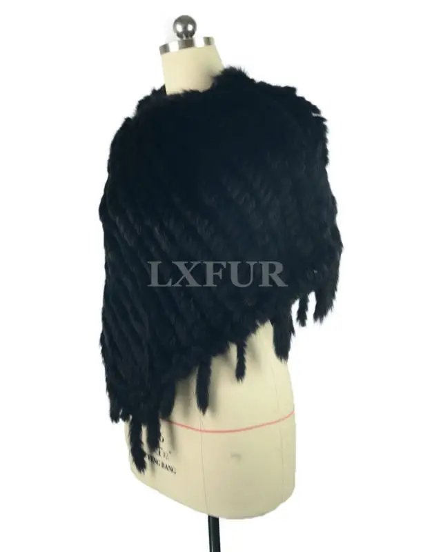 Шаль из кроличьего меха с кисточками черного цвета.LX00419|shawl cotton|shawl designshawl pashmina |