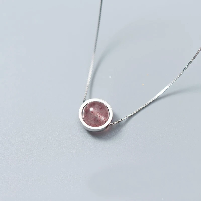 

925 Sterling Silver Cute Pink Strawberry Circle Opal Charm Pendant 40CM Clavicle Chain Women Necklace Jewelry D2914