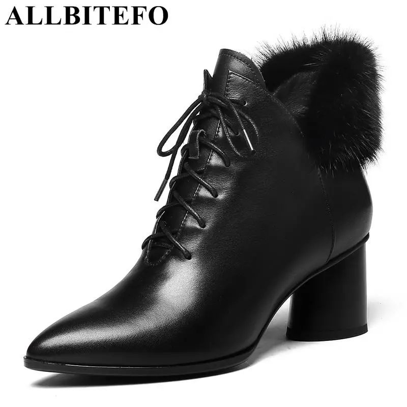 

ALLBITEFO natural genuine leather +real Rabbit's hair ankle women boots fashion sexy winter girls motorcycle boots ladies boots