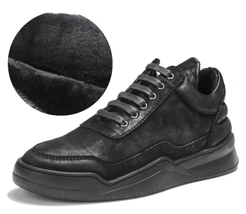 Итальянская дизайнерская обувь в стиле ретро из натуральной коровьей кожи; модные мужские кроссовки с высоким берцем; повседневные кроссовки на толстой платформе со шнуровкой; zapatos hombre - Цвет: black fleece lining