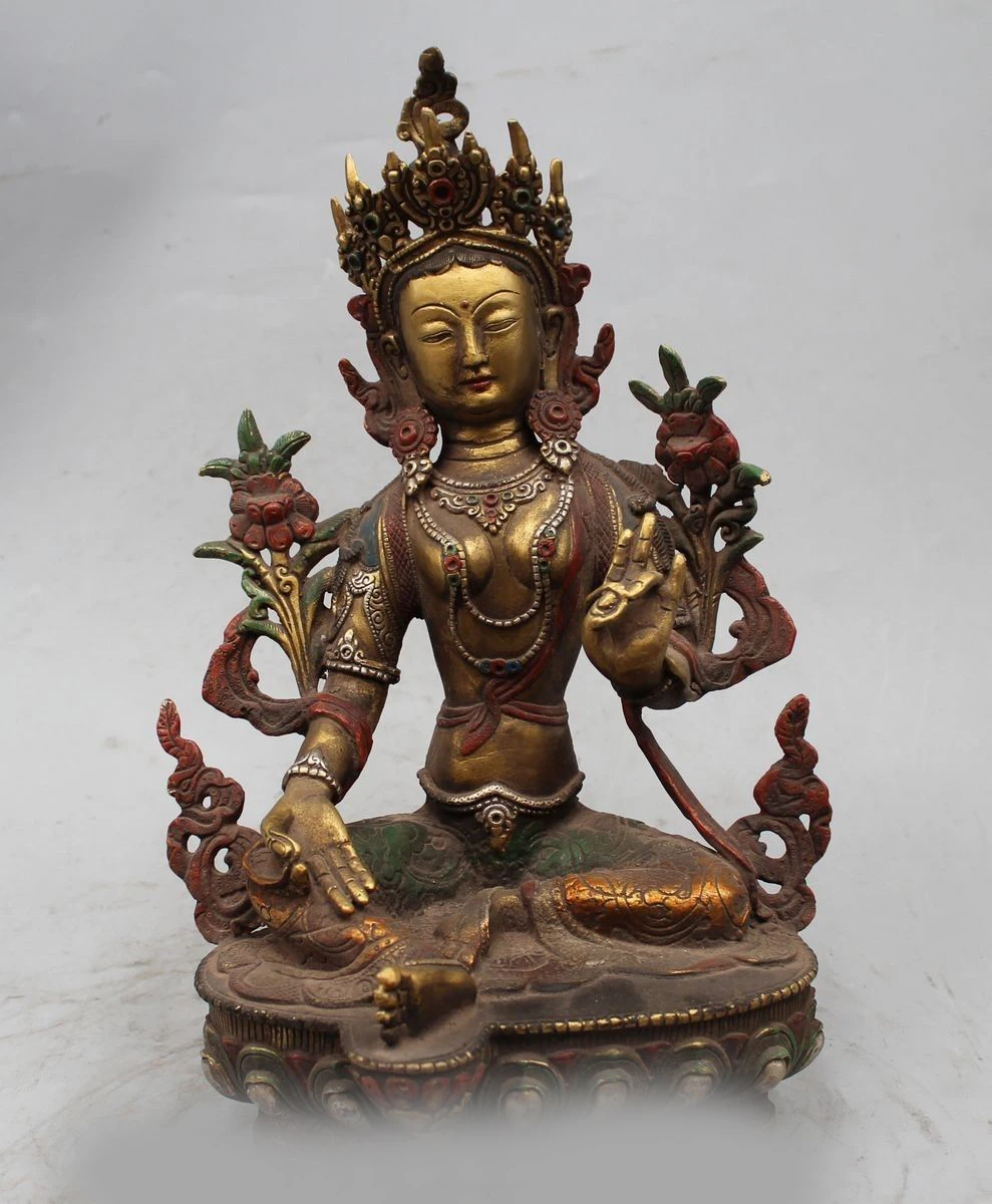 

12" Tibetan Bronze Green Tara Mahayana Buddhism Enlightenment Kwan-Yin Statue