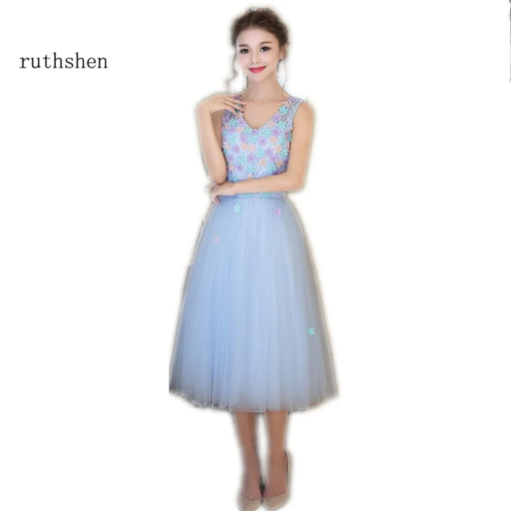 ruthshen Light Pink Cocktail Dresses 2018 V Neck Appliques Tulle Tea