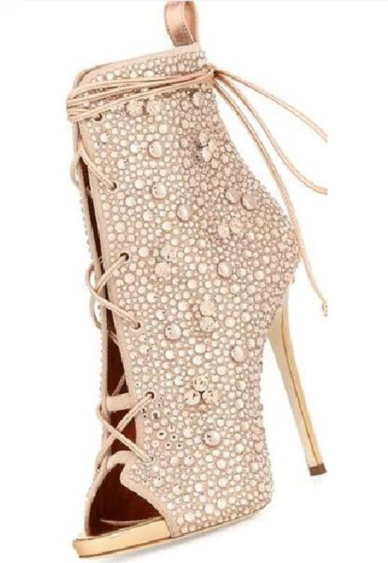 

Hot drilling Crystal Short Boots Lace Up Peep Toe Women Ankel Boots Thin High Heels Botas Mujer Spring Autumn Women Shoes