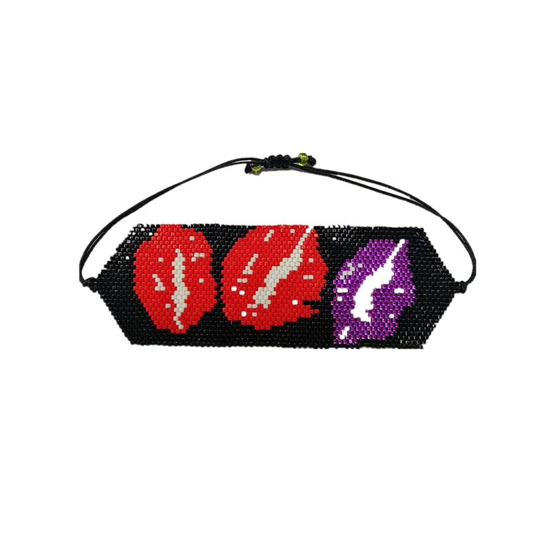 

SHINUSBOHO Punk 29 Line MIYUKI Red Lip Bracelet Men Hand-woven Bangles Lace-up Kiss Loom Bracelet Delica Bead Charm Gift Women