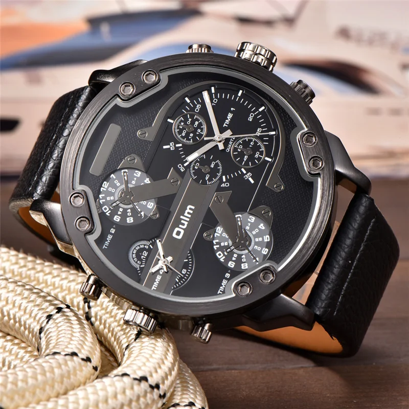 Achat Oulm grandes montres pour hommes plusieurs fuseaux horaires Sport horloge à Quartz mâle décontracté en cuir deux Design de luxe marque hommes montre bracelet