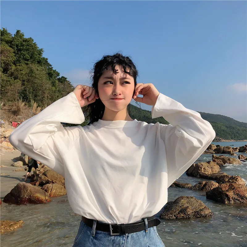 Woherb Лето футболка с длинным рукавом для женщин плюс размер корейская мода сзади Графический Тройник Harajuku эстетические футболки Femme 21279