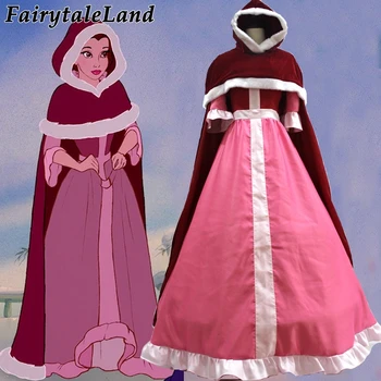 

Beauty and Beast Belle cosplay costume Belle pink dress red cloak Snow grow princess Halloween costumes for adult women