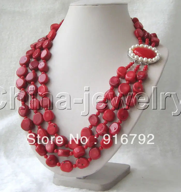 

Beautiful 20-23" 3row 12-15mm & 5mm round red coral necklace